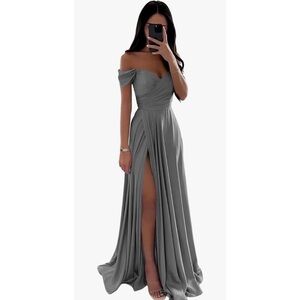 Off Shoulder Bridesmaid Prom Side Slit Satin Formal Evening with Pockets Dress